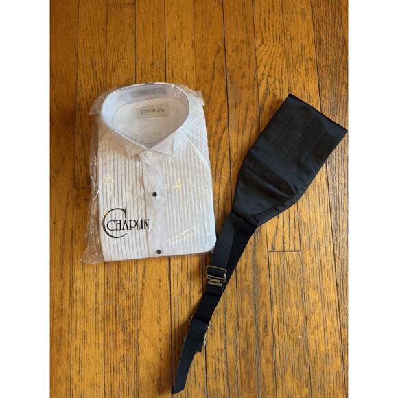 Chaplin Tuxedo Shirt Mens Large 32-33 White Pleated Front Black Cummerbund Set - Picture 1 of 5